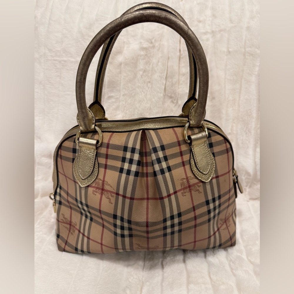 Vintage Burberry Beige Checkered Bag with Dark Brown/GoldHandles